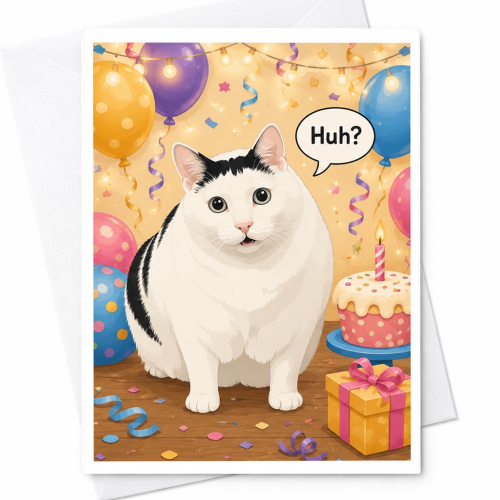 Huh? Funny Cat Birthday Card Cute Animal Greeting Card For Cat Lover Surprise Party Celebration With Balloons Cake Gift C3530