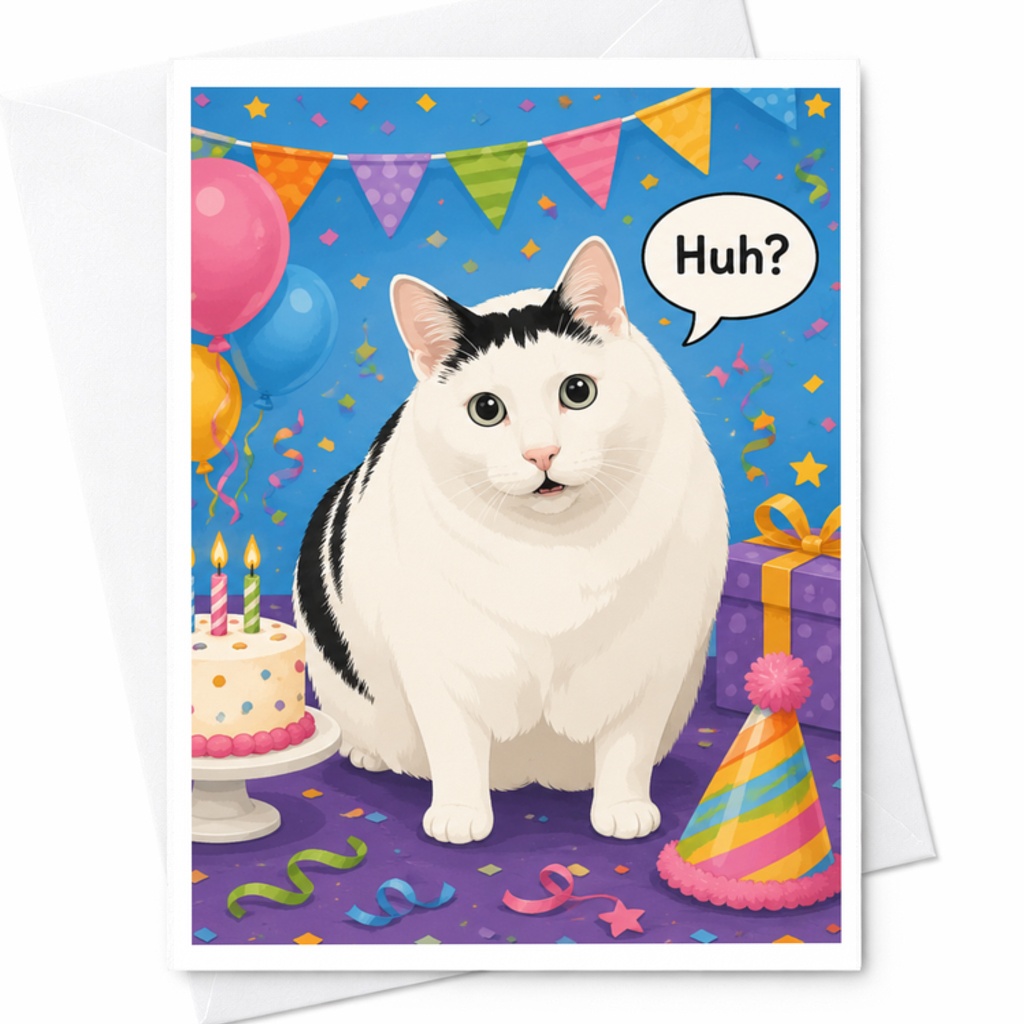 Huh? Funny Cat Birthday Card Cute Animal Greeting Card For Cat Lover Surprise Party Celebration With Balloons Cake C3531
