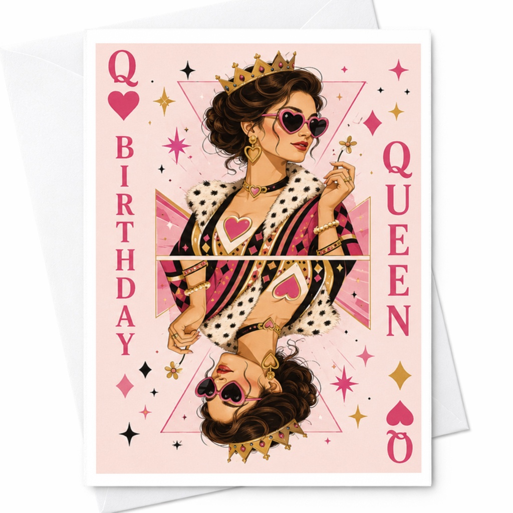 Birthday Queen Funny Birthday Card Crowned Woman Hearts Bestie Celebration Card Playful Illustration For Her C3533