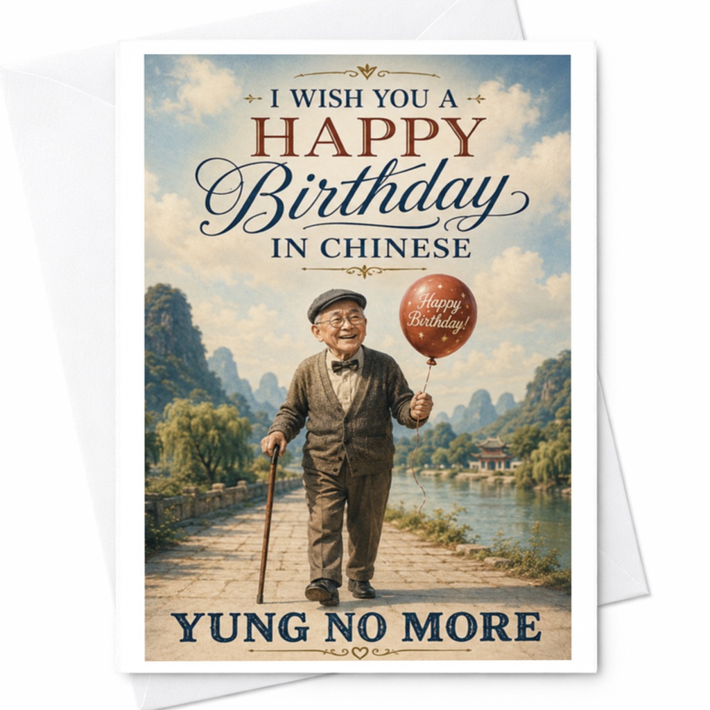 I Wish You A Happy Birthday In Chinese Yung No More Funny Birthday Card For Him Greeting Card Elderly Man With Balloon C3519