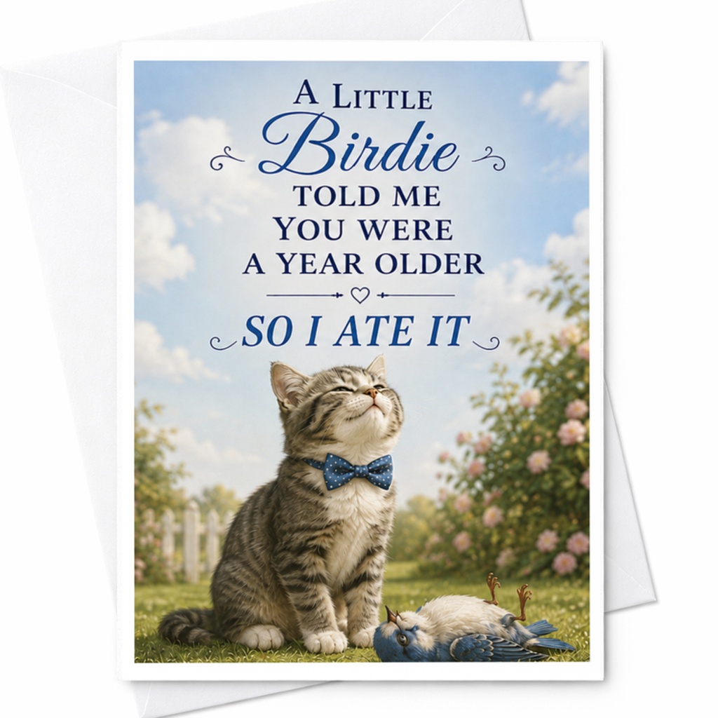 A Little Birdie Told Me You Were A Year Older So I Ate It Funny Birthday Card Cat And Bird For Friends Family Colleagues C3529