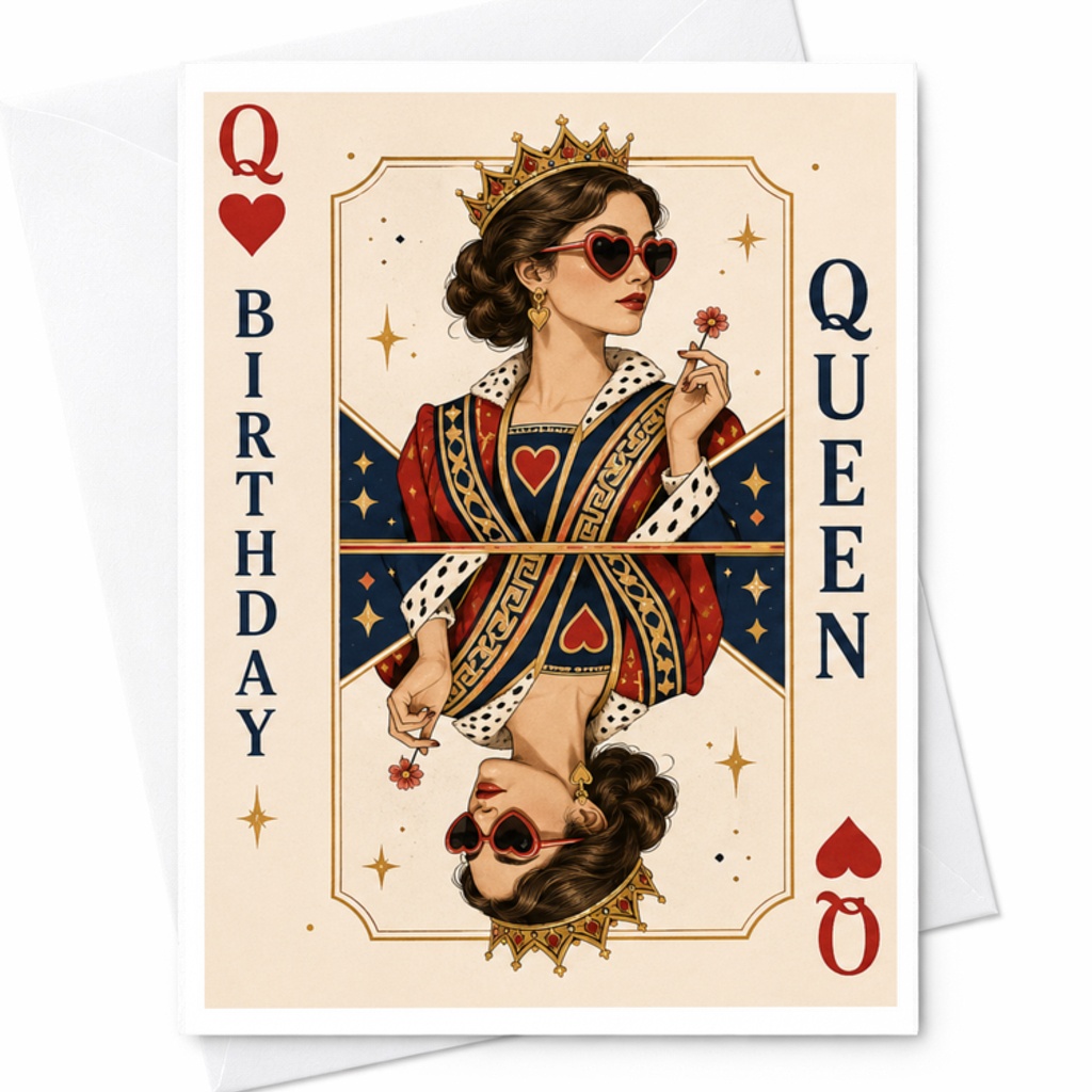 Birthday Queen Funny Birthday Card Crowned Woman Hearts Best Friend Birthday Card Playful Illustration Festive C3534