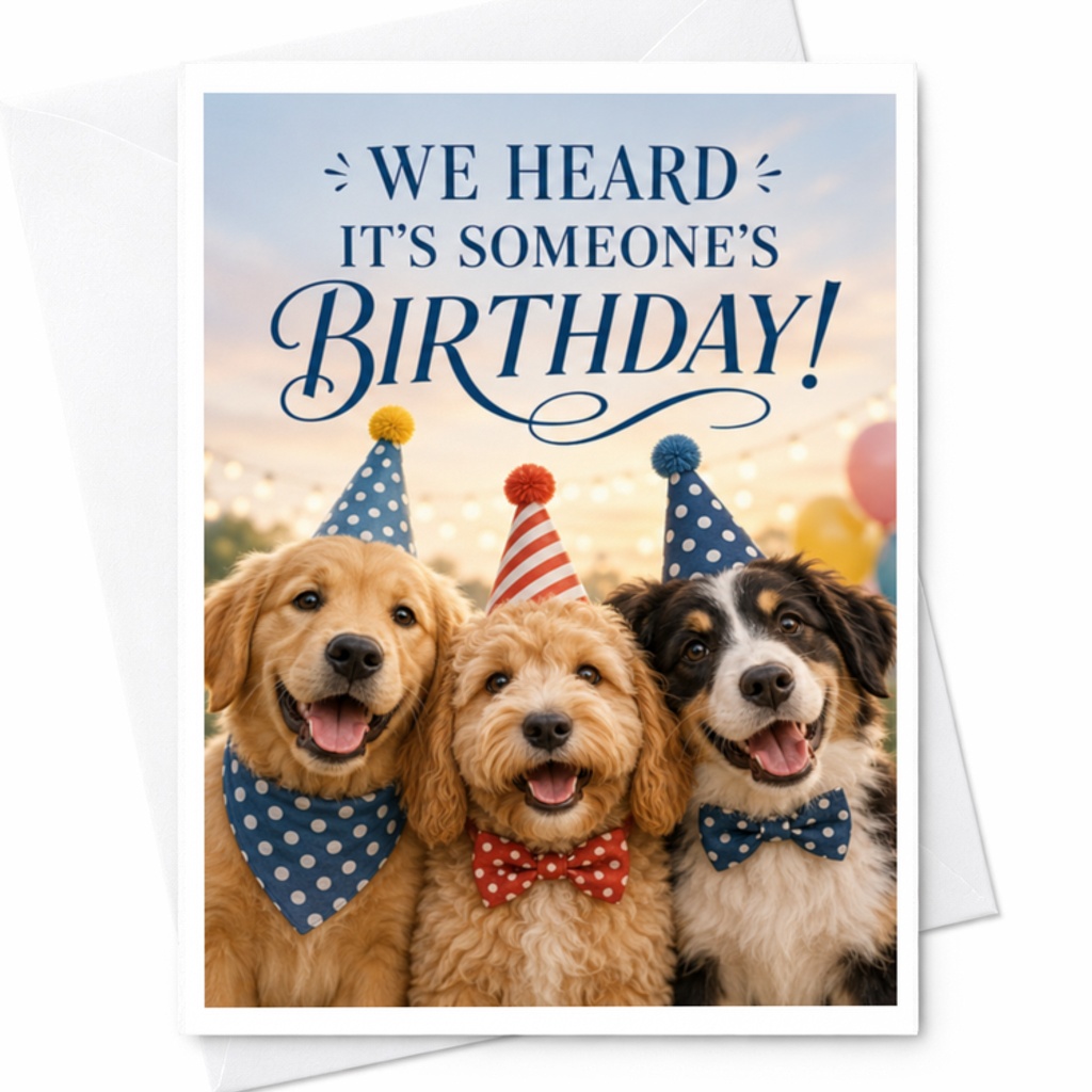 We Heard It's Someone's Birthday! Cute Dog Birthday Card For Dog Lover Fun Animal Greeting Card Celebration Party Hat C3548