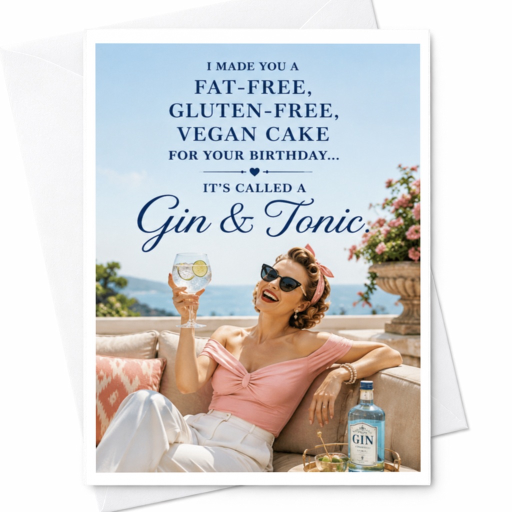 I Made You A Fat-Free, Gluten-Free, Vegan Cake For Your Birthday Gin & Tonic Funny Birthday Card For Her Greeting Card C3571