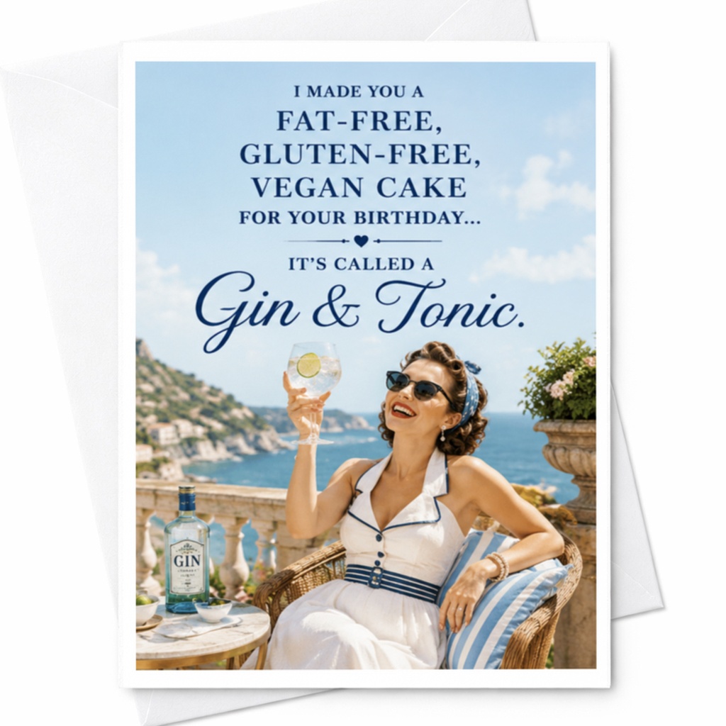 I Made You A Fat-Free, Gluten-Free, Vegan Cake For Your Birthday... It's Called A Gin & Tonic. Funny Birthday Card For Her Humorou C3572