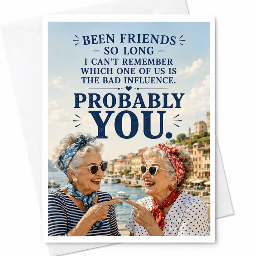 Been Friends So Long I Can't Remember Which One Of Us Is The Bad Influence. Probably You. Funny Friendship Card For Best Friend Hu C3590