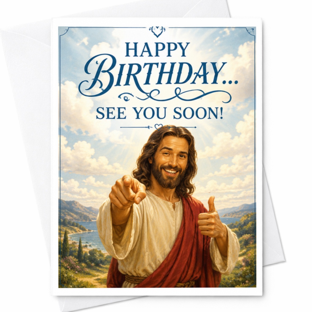 Happy Birthday... See You Soon! Funny Birthday Card Religious Figure For Friends Family Celebration C3603