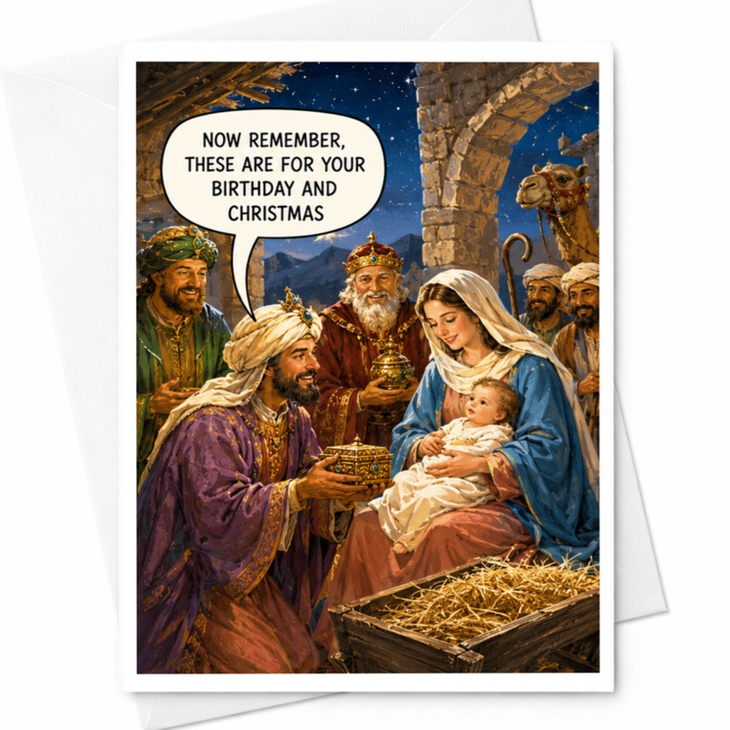 Now Remember, These Are For Your Birthday And Christmas Funny Birthday Christmas Card Nativity Scene Wise Men Greeting Card C3609