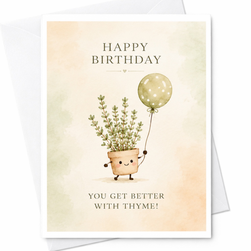 Happy Birthday You Get Better With Thyme! Cute Plant Birthday Card Funny Greeting For Friend Her Botanical C3617