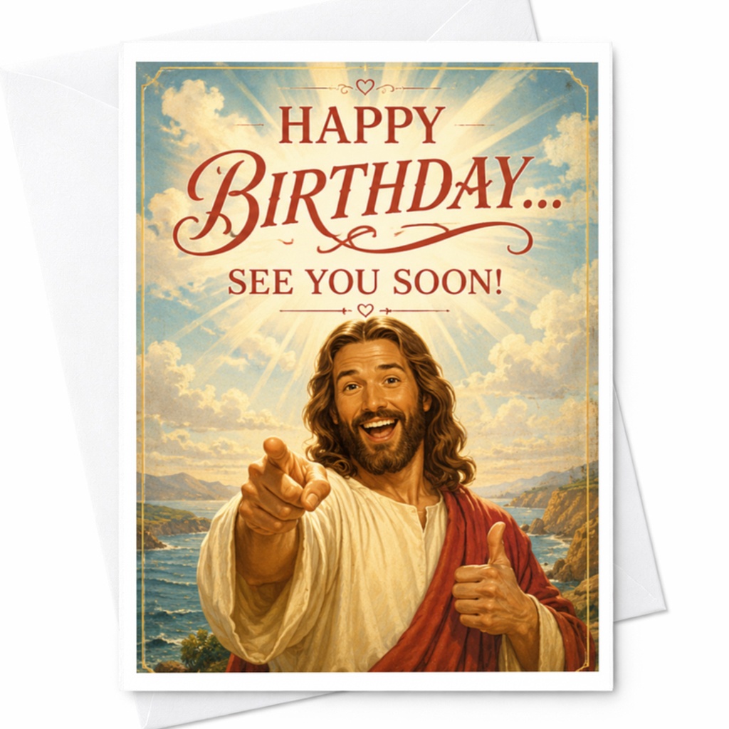 Happy Birthday... See You Soon! Funny Birthday Card Religious Figure For Friends Family Celebration C3604