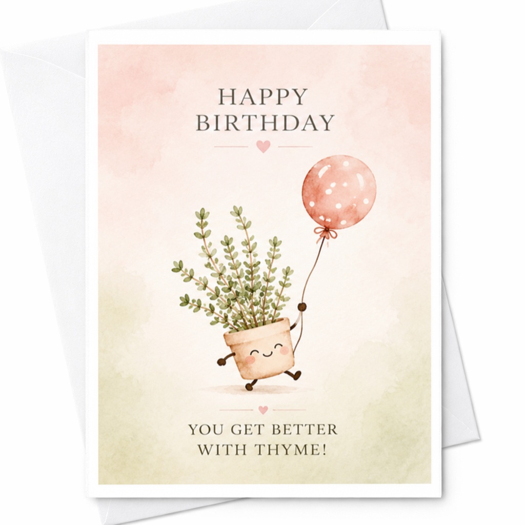 Happy Birthday You Get Better With Thyme! Cute Plant Birthday Card Funny Greeting For Friend Family Botanical C3618