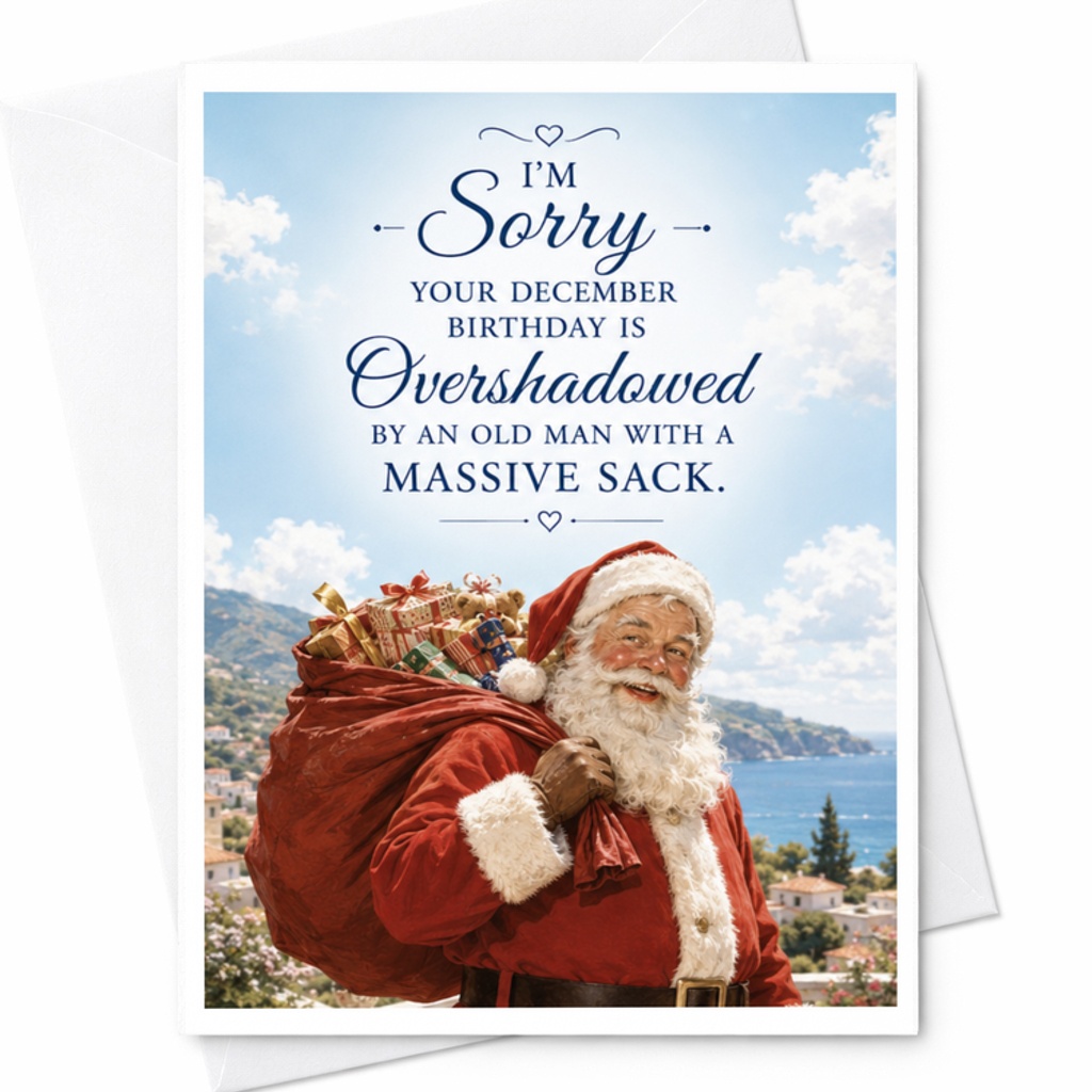 I'm Sorry Your December Birthday Is Overshadowed By An Old Man With A Massive Sack Funny Birthday Card Christmas For Decembe C3631