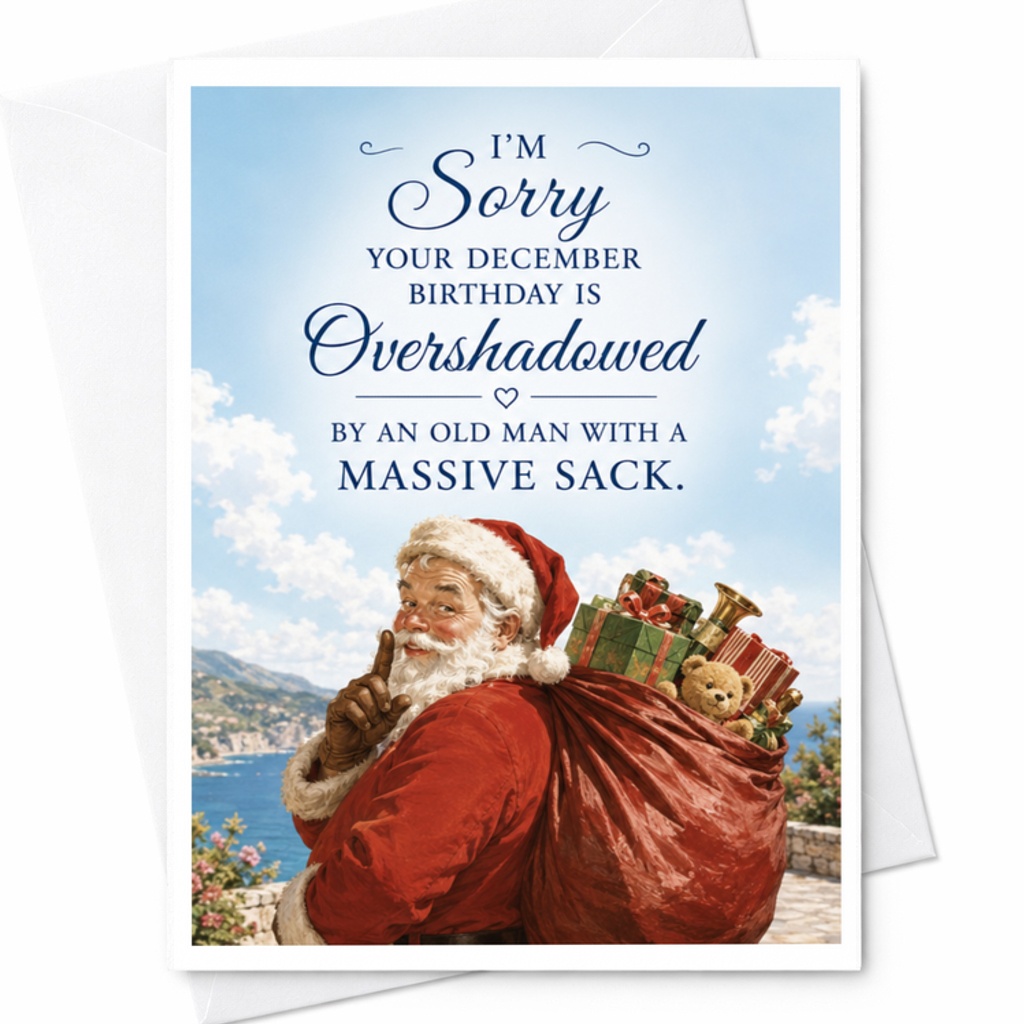 I'm Sorry Your December Birthday Is Overshadowed Funny Birthday Card December Birthday Santa Christmas Card For Friend C3632