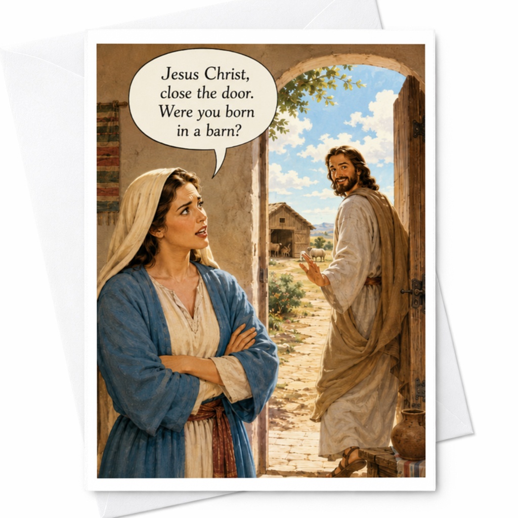 Jesus Christ, Close The Door Funny Greeting Card Biblical Scene Everyday Card For Friends Family Colleagues C3637