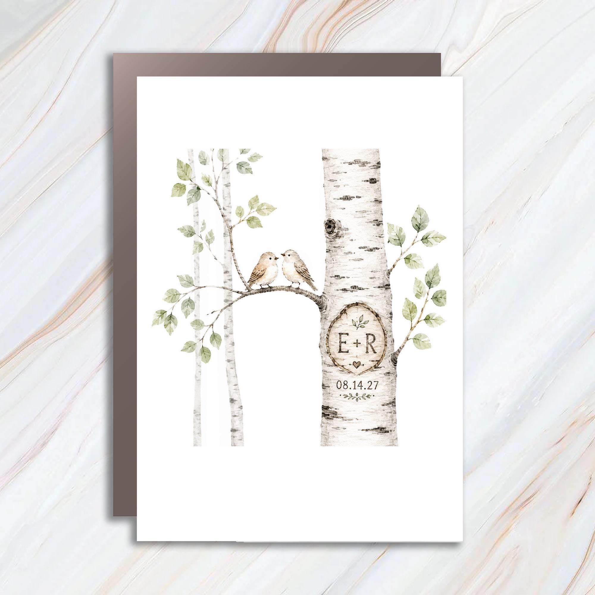 Personalized Wedding Card, Birch Tree Custom Initials Nature Theme For Couple Outdoor Ceremony WC66