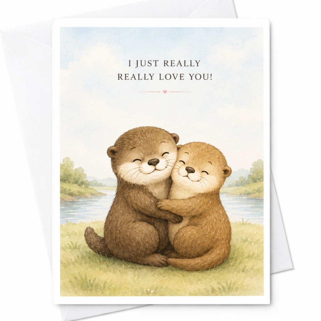 I Just Really Really Love You! Cute Valentine's Day Card Otters Hugging Romantic Love Card For Couple Sweet Anniversary Card C3698