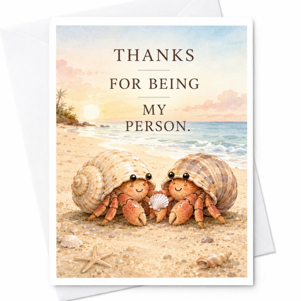Thanks For Being My Person Thank You Card Cute Hermit Crabs Beach Scene Best Friend Appreciation Card For Her Him C3709