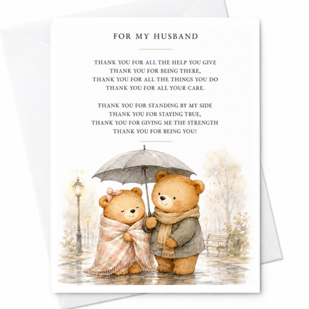 For My Husband Thank You Card Cute Bears Under Umbrella Romantic Greeting Card For Husband Appreciation Love Card C3717