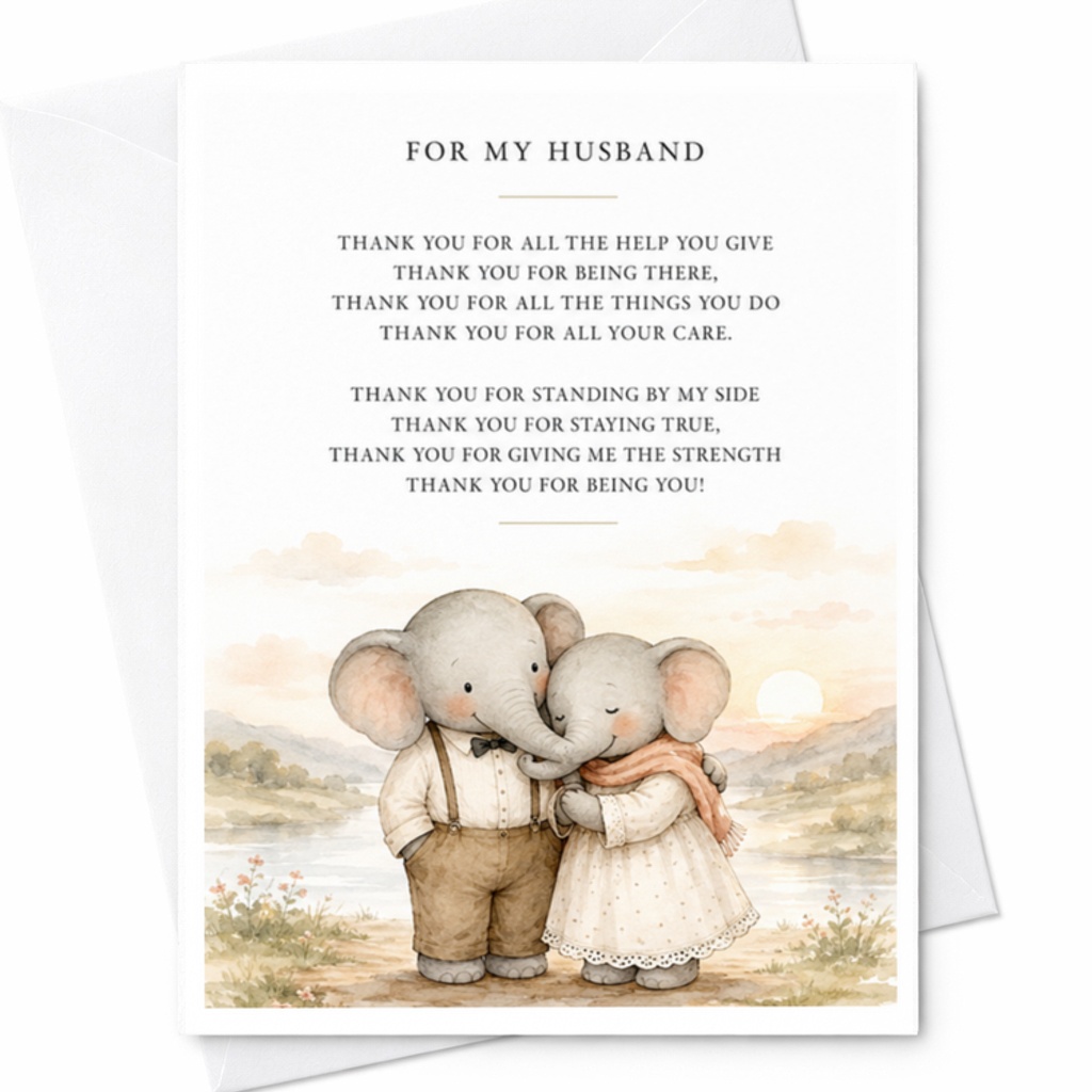 For My Husband Thank You Card Elephant Couple Sweet Appreciation Card For Husband Romantic Cute Anniversary Card C3718