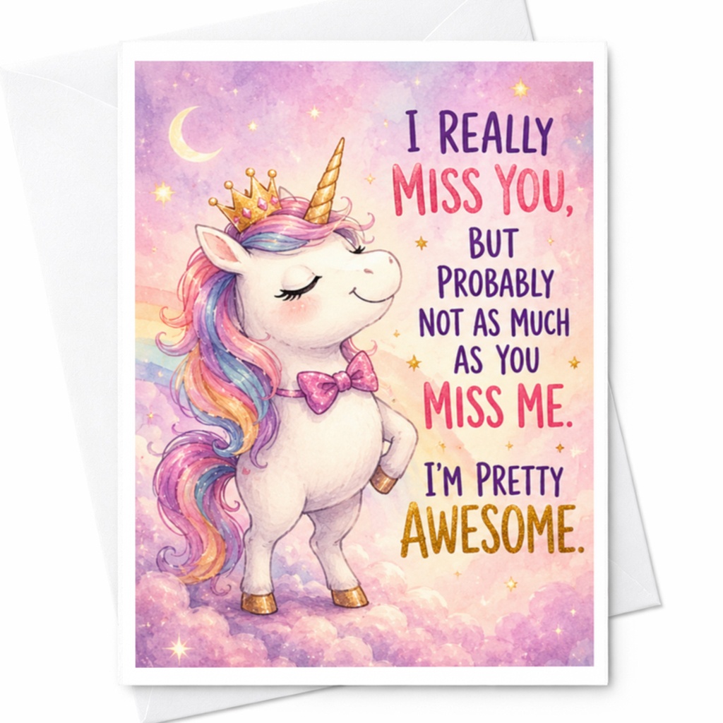 I Really Miss You, But Probably Not As Much As You Miss Me. I'm Pretty Awesome. Funny Anniversary Card Unicorn Love Card For Partn C3726