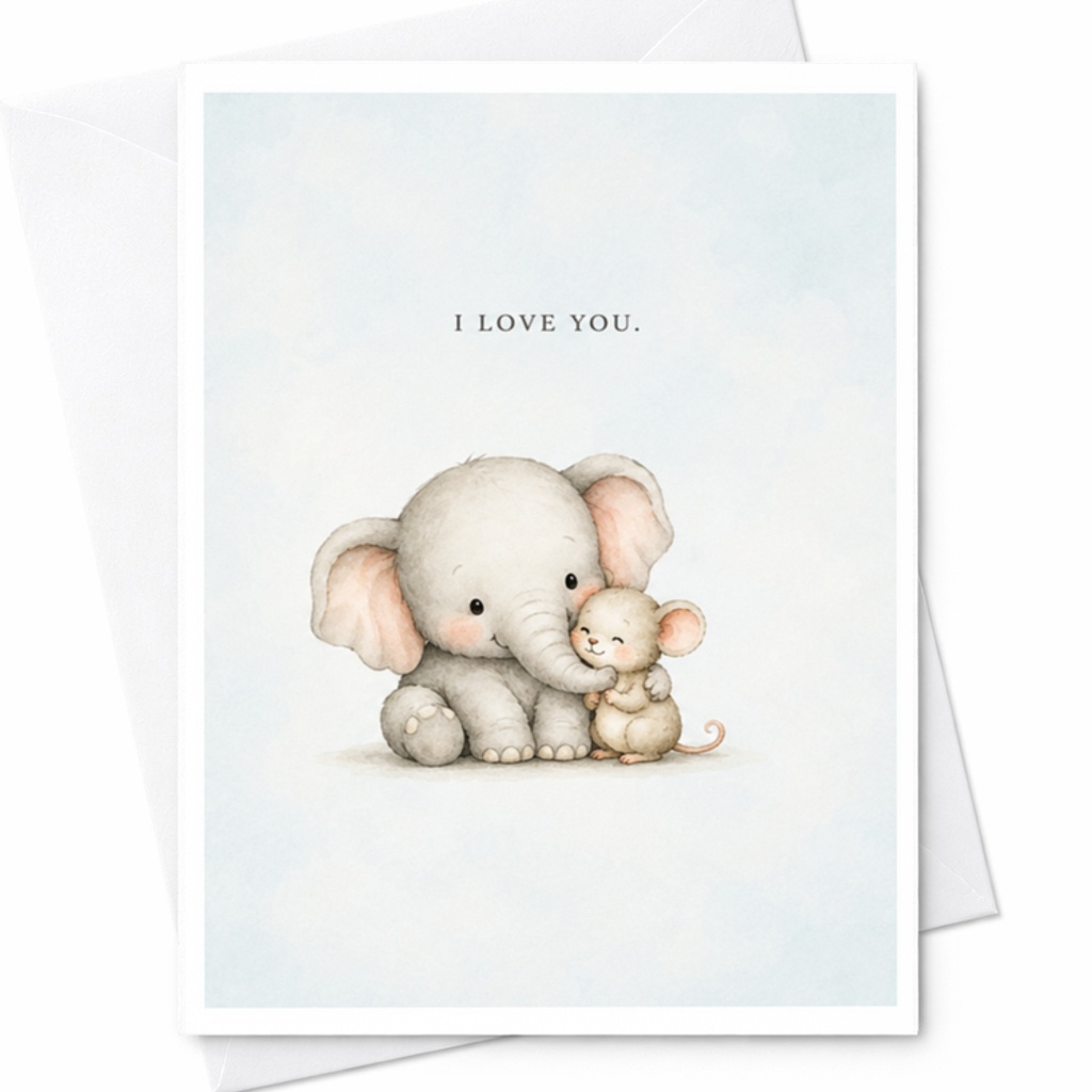I Love You. Cute Elephant And Mouse Love Card Romantic Greeting Card For Her Or Him Anniversary Card Sweet Animal Illustration C3741