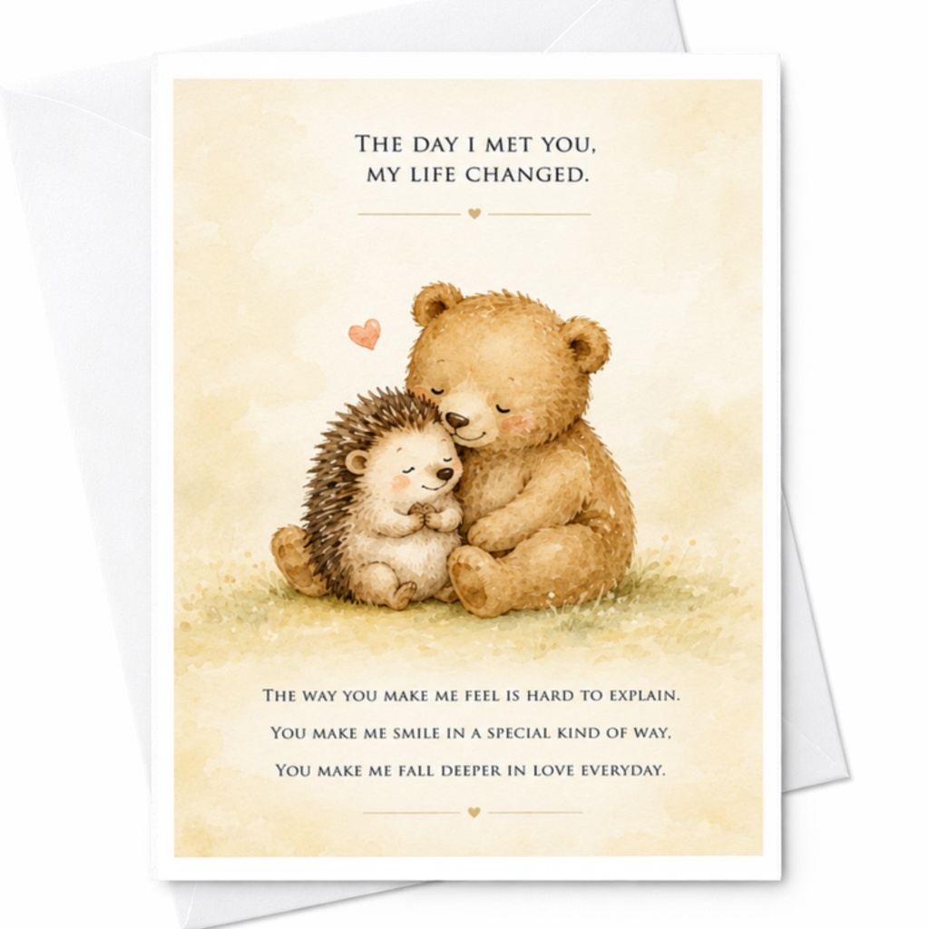 The Day I Met You My Life Changed Valentine's Day Card Cute Bear Hedgehog Illustration Romantic Anniversary Card For Him Her C3754