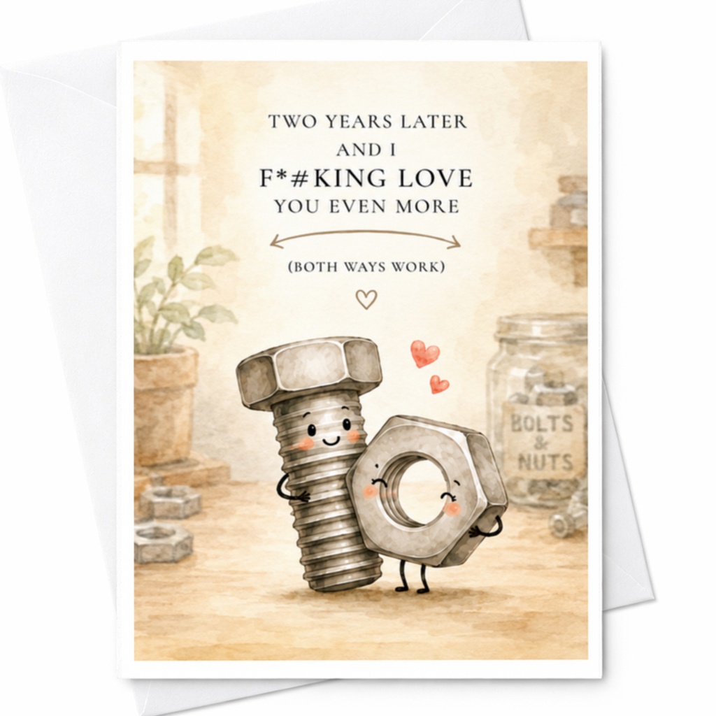 Two Years Later And I F#*king Love You Even More 2nd Anniversary Card Funny Husband Wife Cute Bolt Nut Love C3756