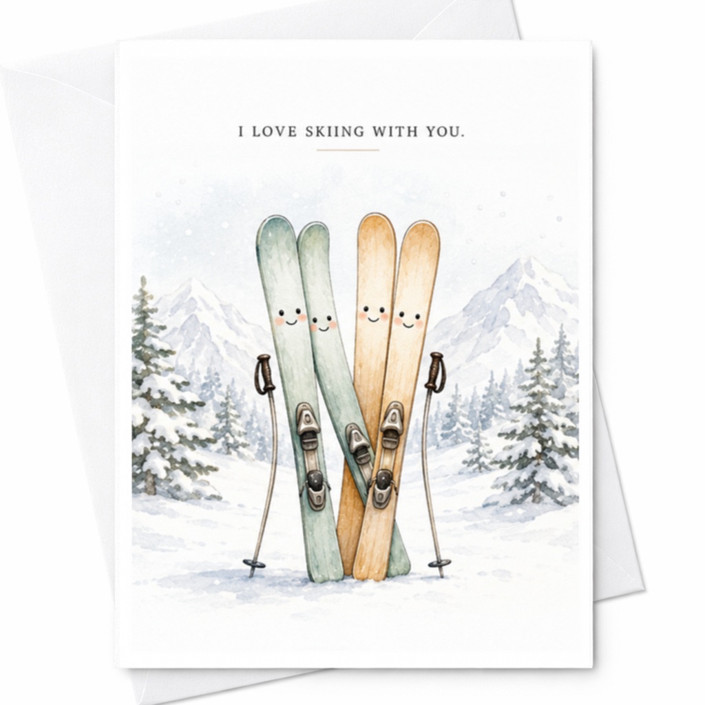 I Love Skiing With You Valentine's Day Card Cute Skiing Illustration Winter Love Card For Couples Romantic Ski Partner Gift C3757