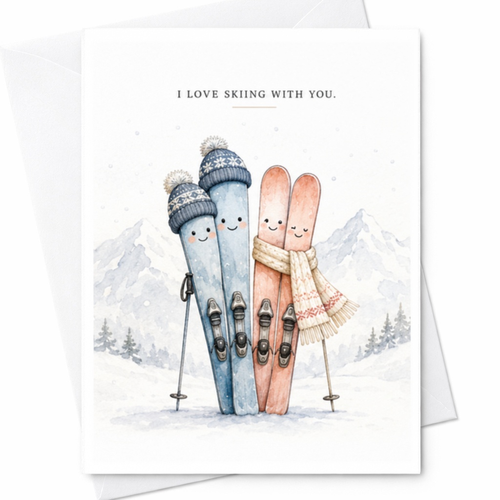 I Love Skiing With You Valentine's Day Card Cute Skiing Couple Winter Love Card For Ski Partner Romantic Anniversary Card C3758