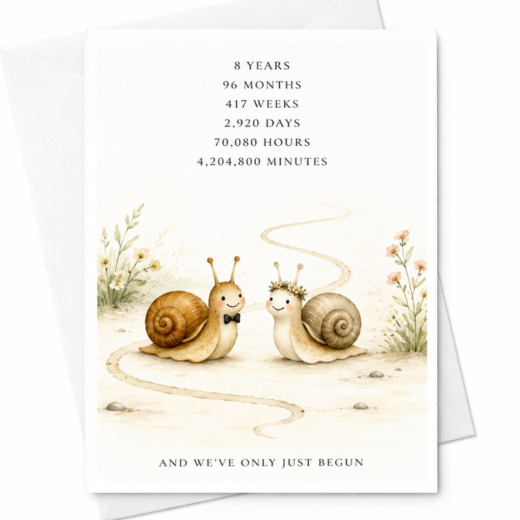 8 Years 96 Months 417 Weeks 2,920 Days 70,080 Hours 4,204,800 Minutes And We've Only Just Begun Anniversary Card Cute Snail Couple C3762