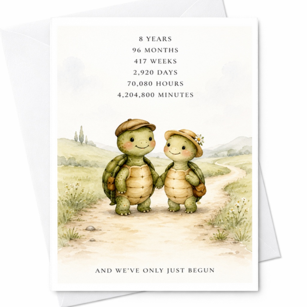 8 Years 96 Months 417 Weeks 2,920 Days 70,080 Hours 4,204,800 Minutes And We've Only Just Begun Anniversary Card Cute Turtles Coup C3763