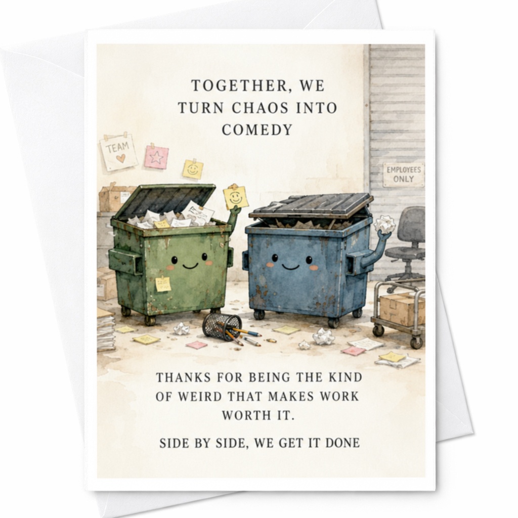 Together, We Turn Chaos Into Comedy Work Appreciation Card Funny Office Colleague Thank You Card Cute Dumpster C3778