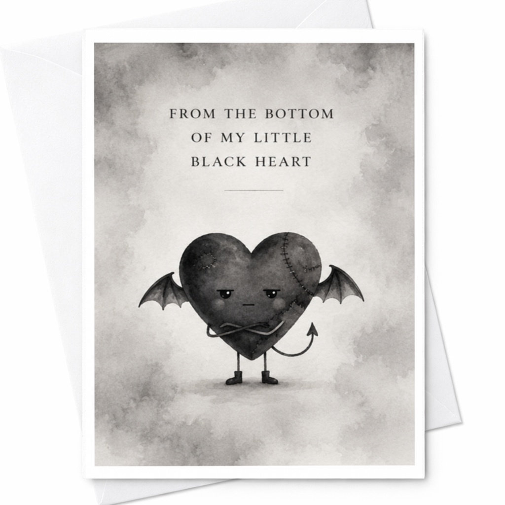 From The Bottom Of My Little Black Heart Funny Greeting Card Dark Heart With Wings Cute Gothic Style For Friend Anniversary C3774