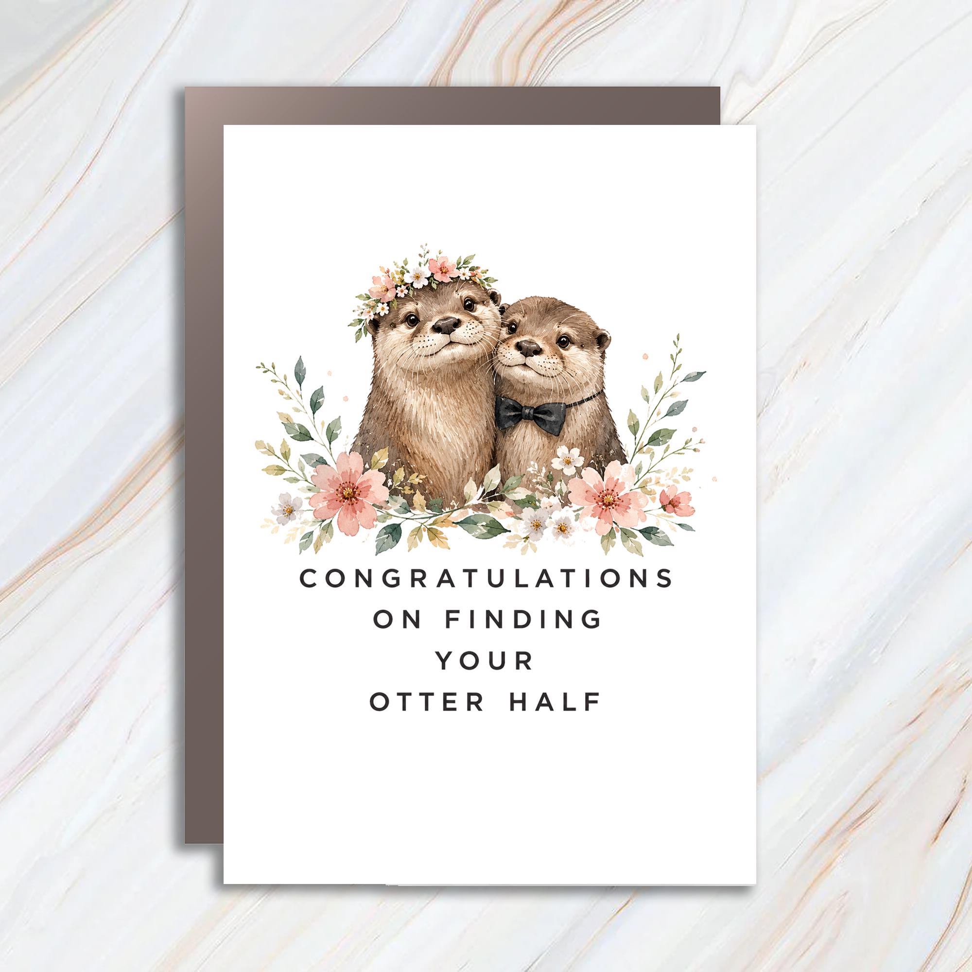 Congratulations On Finding Your Otter Half Wedding Card Cute Otter Couple Floral For Newlyweds Romantic Animal Card WC93