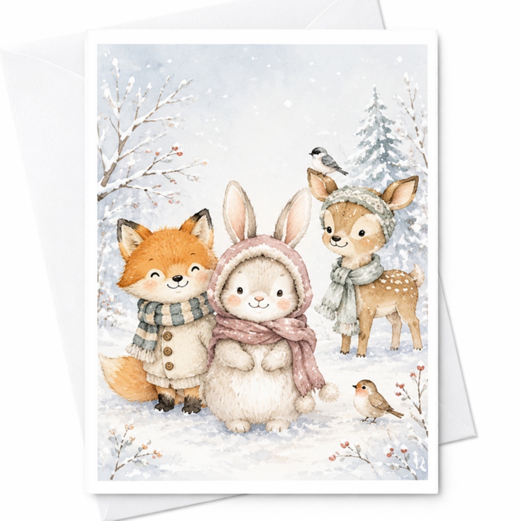 Cute Snowy Forest Animals Christmas Card Cozy Winter Scene With Deer Rabbit Fox Holiday Greeting Card For Family Friends C3786