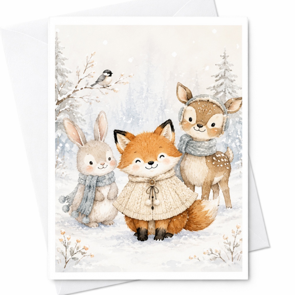 Cute Snowy Forest Animals Christmas Card Cozy Winter Scene With Deer Fox Rabbit Holiday Greeting Card For Family Friends C3787