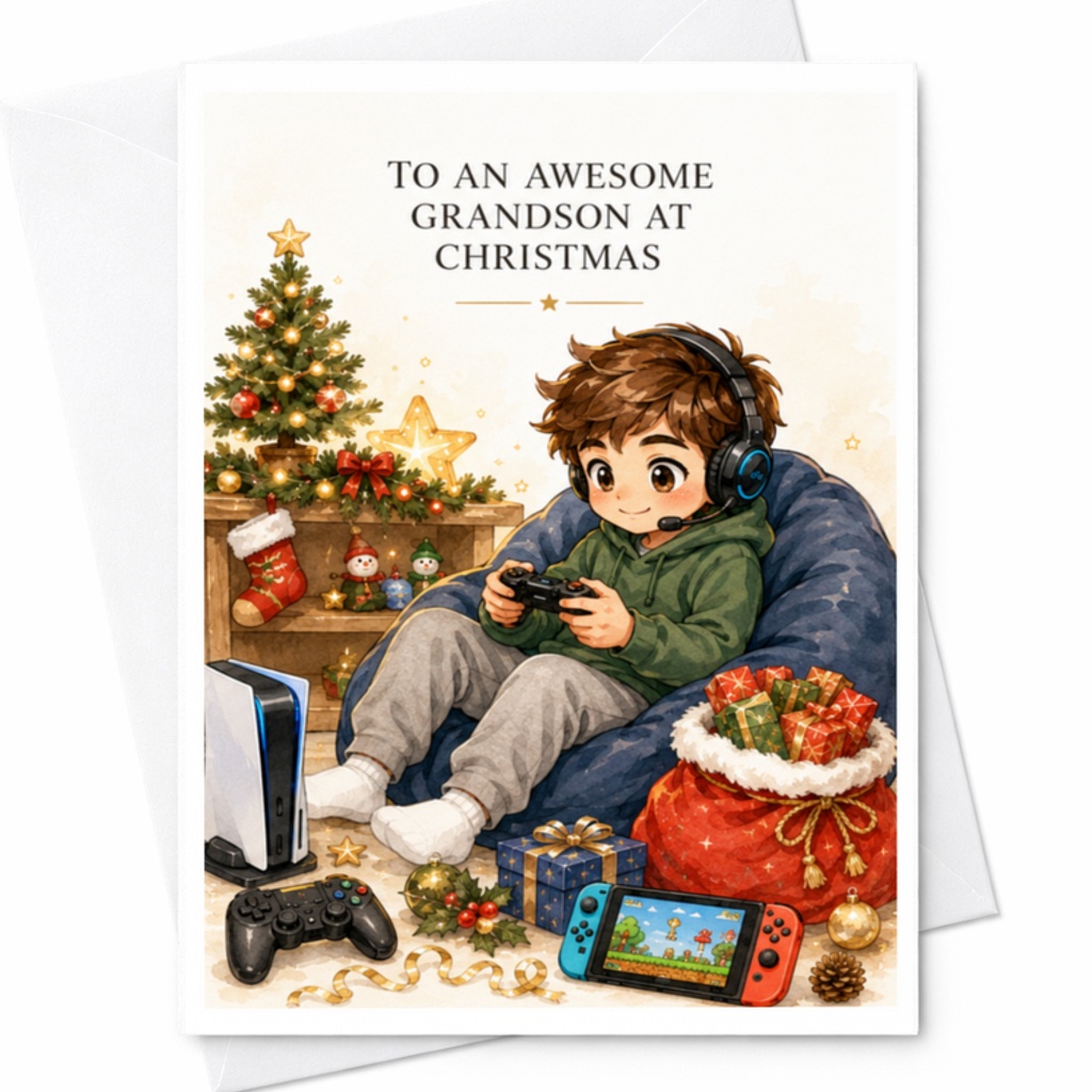 To An Awesome Grandson At Christmas Gaming Christmas Card For Grandson Holiday Greeting Card With Gifts And Tree Festive C3788