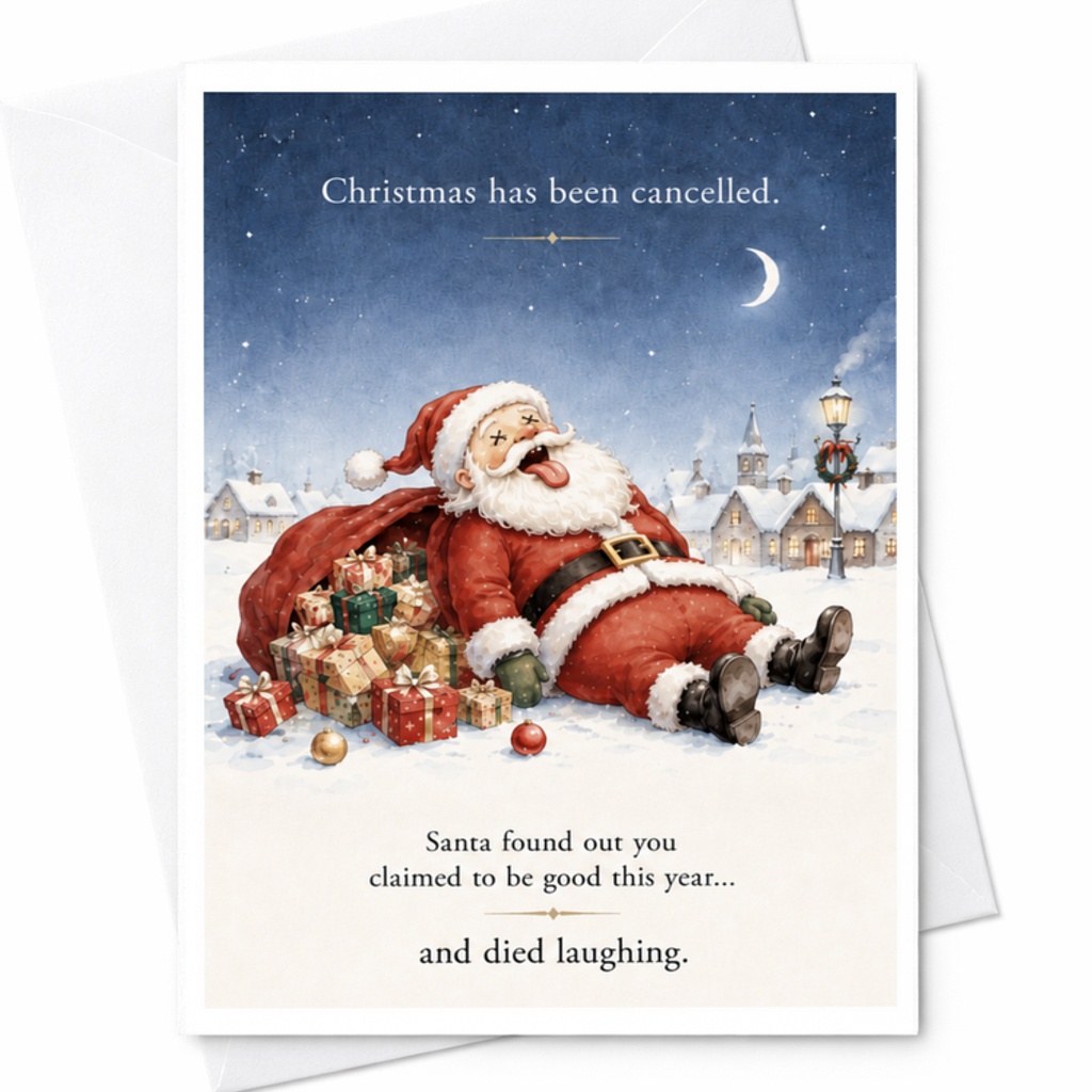 Christmas Has Been Cancelled Funny Christmas Card Santa Claus Prank Holiday For Friends Family Playful Festive Greeting C3794
