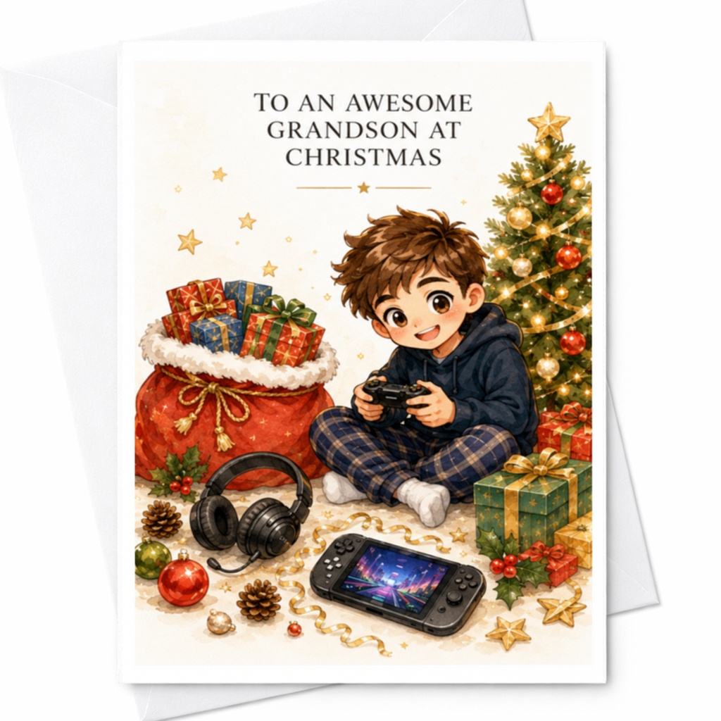 To An Awesome Grandson At Christmas Holiday Card Gaming Gifts Illustration Christmas Tree Festive For Grandson C3789