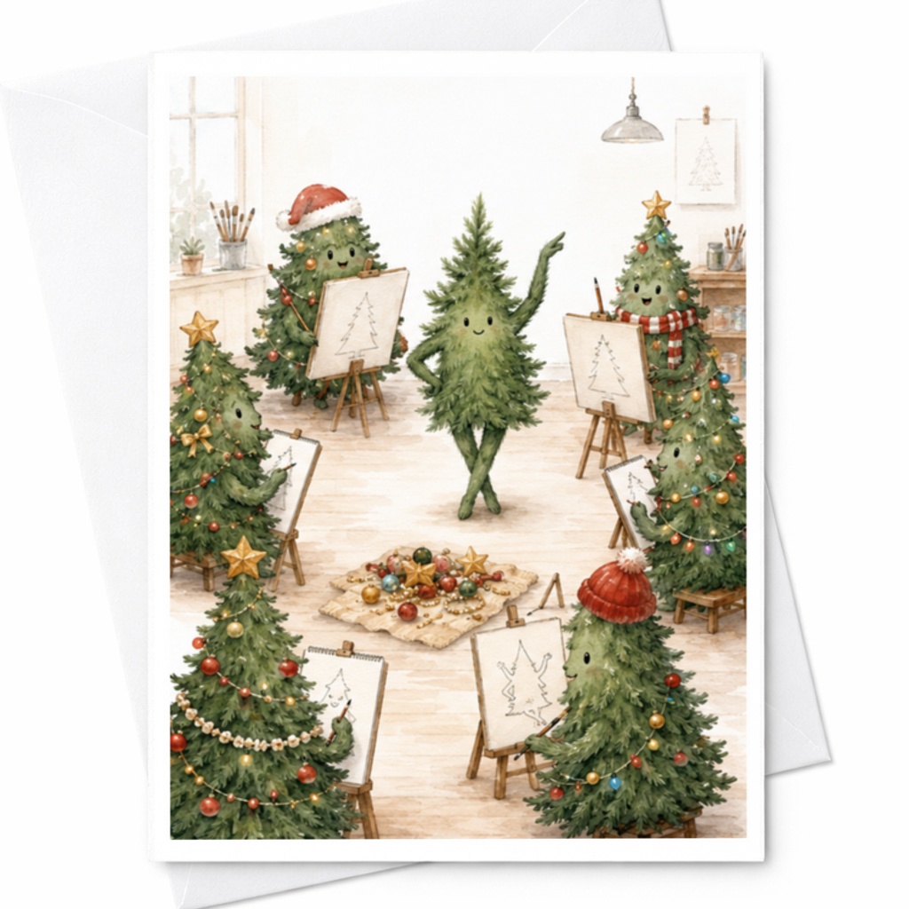 Christmas Tree Art Class Card Cute Holiday Greeting Card Festive Christmas Card For Art Lover Whimsical Holiday Card C3792