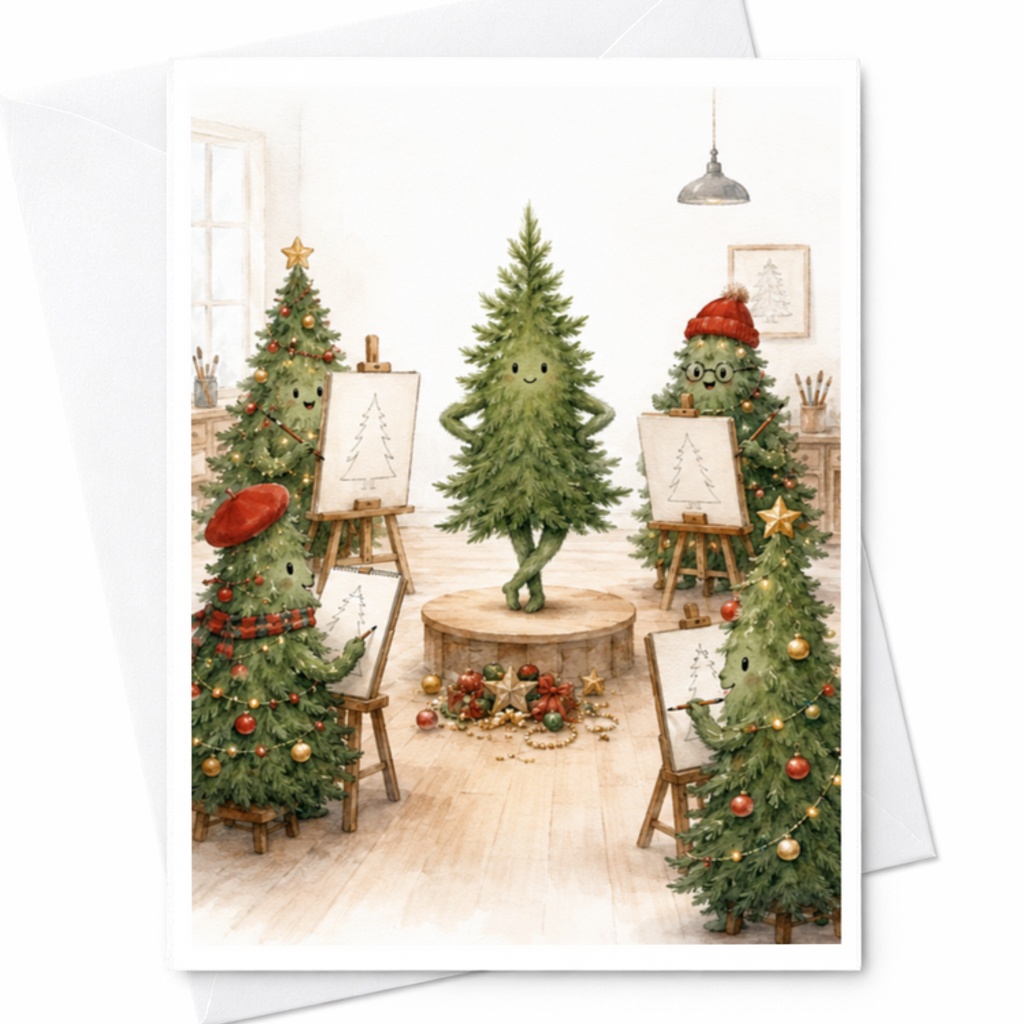 Christmas Tree Art Class Card Cute Holiday Greeting Card Festive Christmas Card For Art Lovers Whimsical Christmas Tree C3793