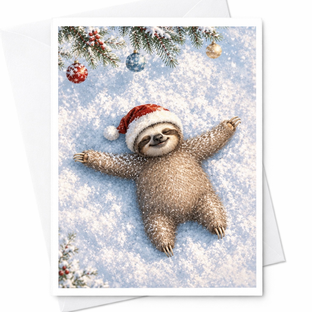 Adorable Sloth In Santa Hat Christmas Card Cute Animal Holiday Greeting Card For Sloth Lover Festive Winter Scene C3797