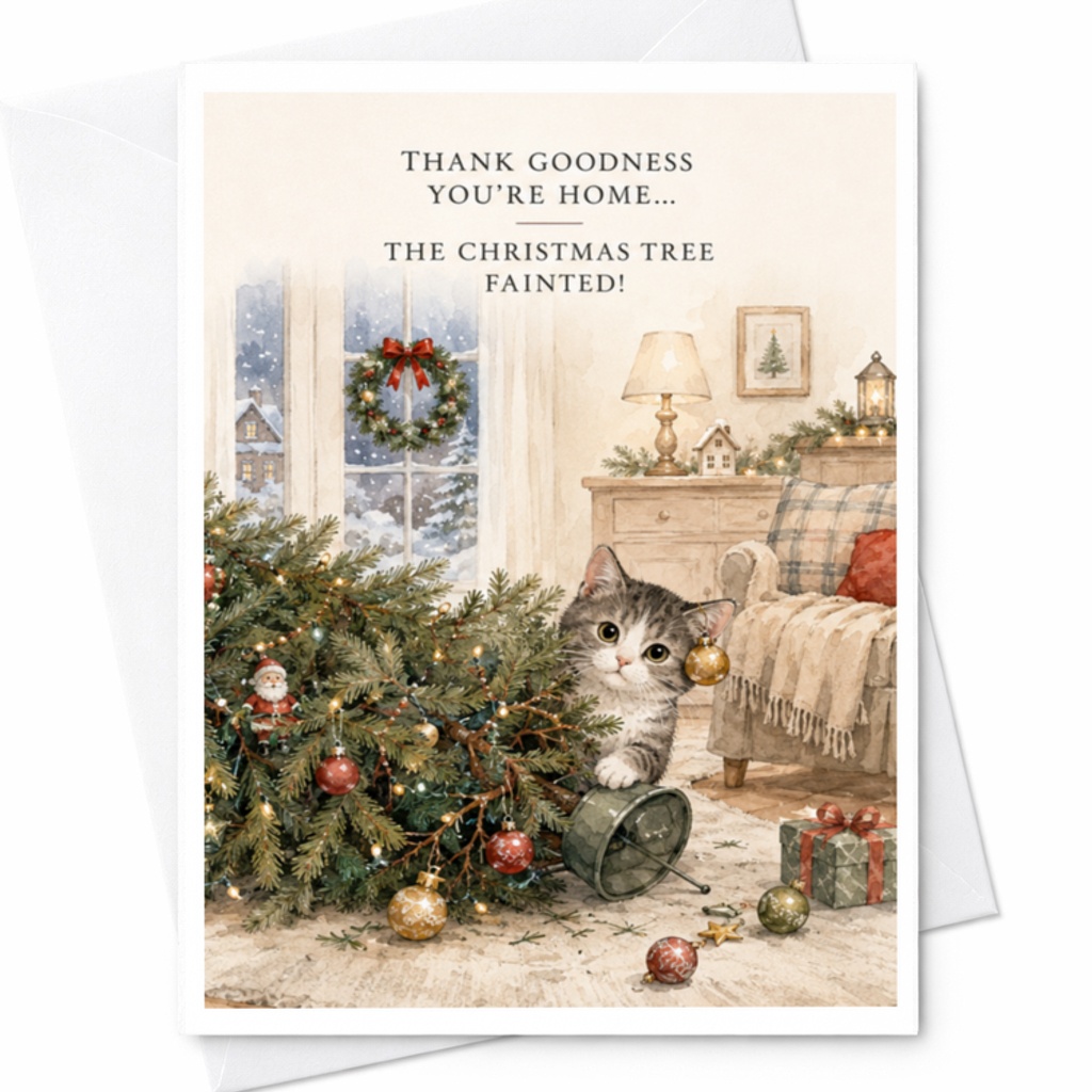 Thank Goodness You're Home... The Christmas Tree Fainted! Funny Christmas Card Festive Cat Holiday Greeting Card For Cat Lovers C3798