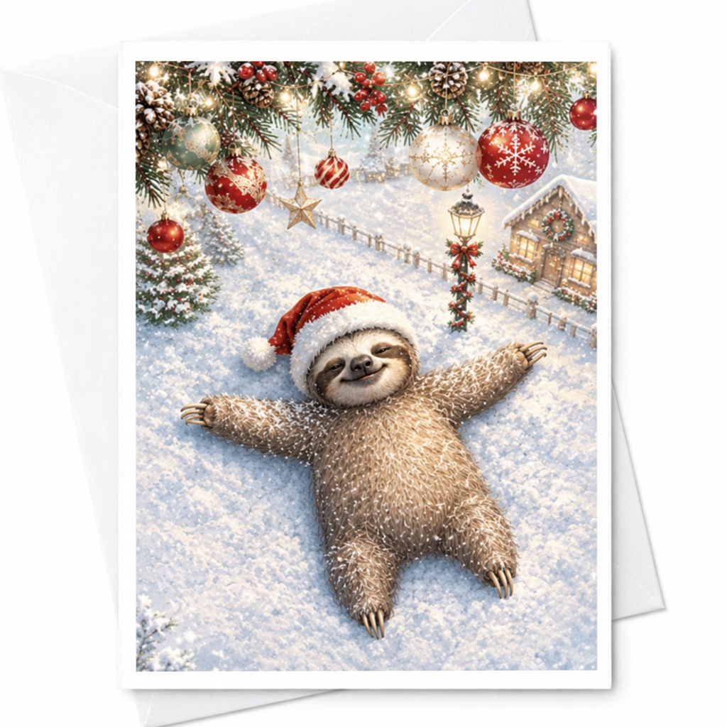 Adorable Sloth Christmas Card Cute Animal Holiday Greeting Card For Animal Lovers Festive Winter Scene With Santa Hat C3796