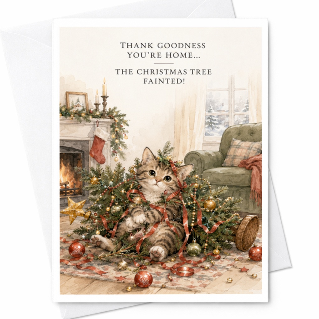 Thank Goodness You're Home... The Christmas Tree Fainted! Funny Christmas Card Festive Cat Holiday Greeting Card For Cat Lovers C3799