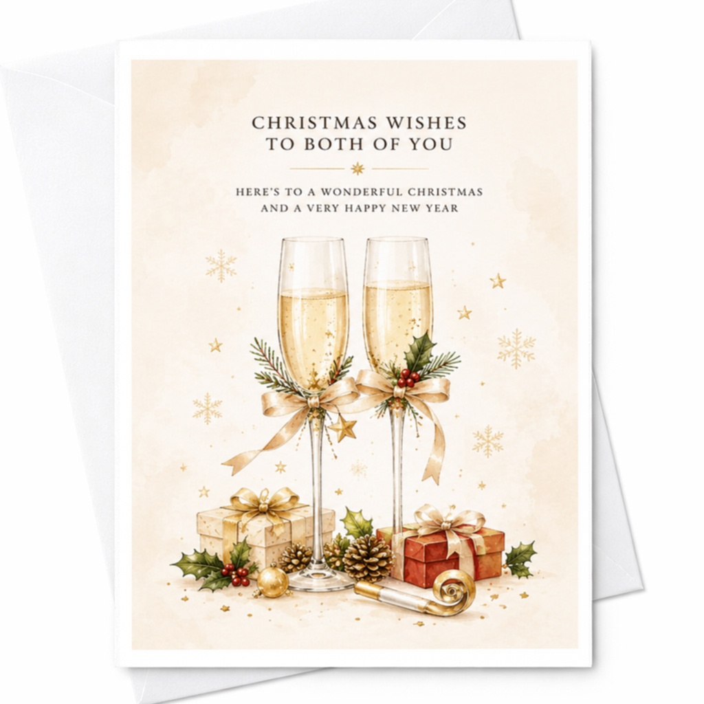 Christmas Wishes To Both Of You Christmas Card Holiday Greeting For Couple Festive Champagne Glasses With Gifts Elegant C3805