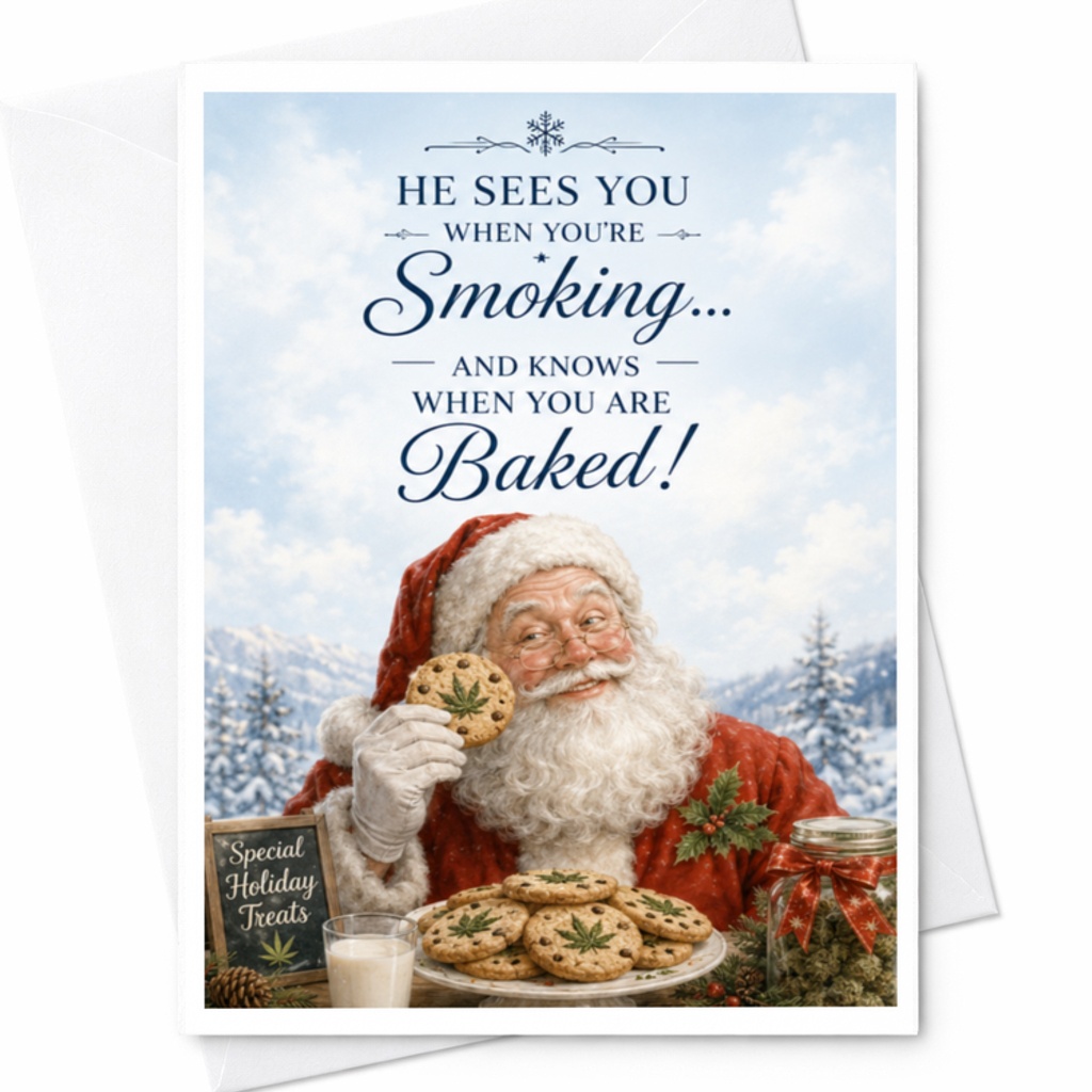 He Sees You When You're Smoking... And Knows When You Are Baked! Funny Christmas Card Santa Holiday Greeting Card C3806