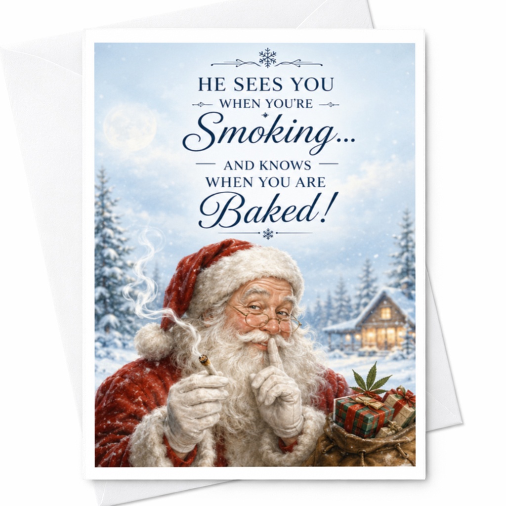 He Sees You When You're Smoking... And Knows When You Are Baked! Funny Christmas Card Santa Holiday Greeting Card For Friend C3807