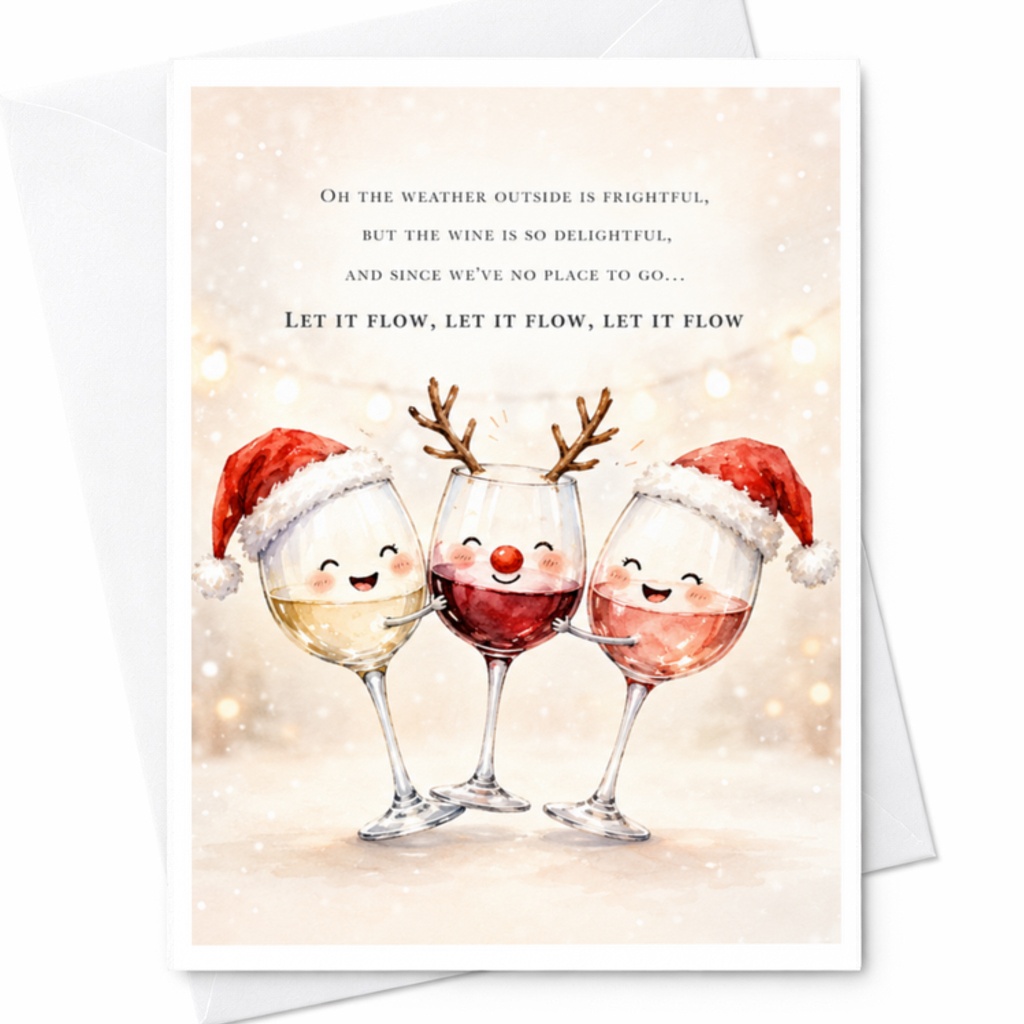 Oh The Weather Outside Is Frightful Funny Christmas Card Wine Lovers Holiday Greeting Card Cute Santa Hat Wine Glasses C3810