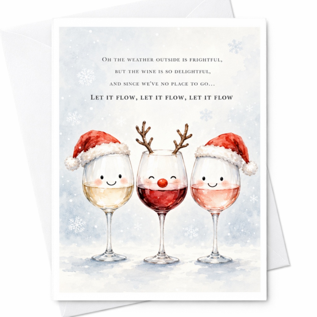 Oh The Weather Outside Is Frightful Christmas Card Funny Wine Glasses Santa Hats Holiday Greeting Card For Wine Lovers C3811
